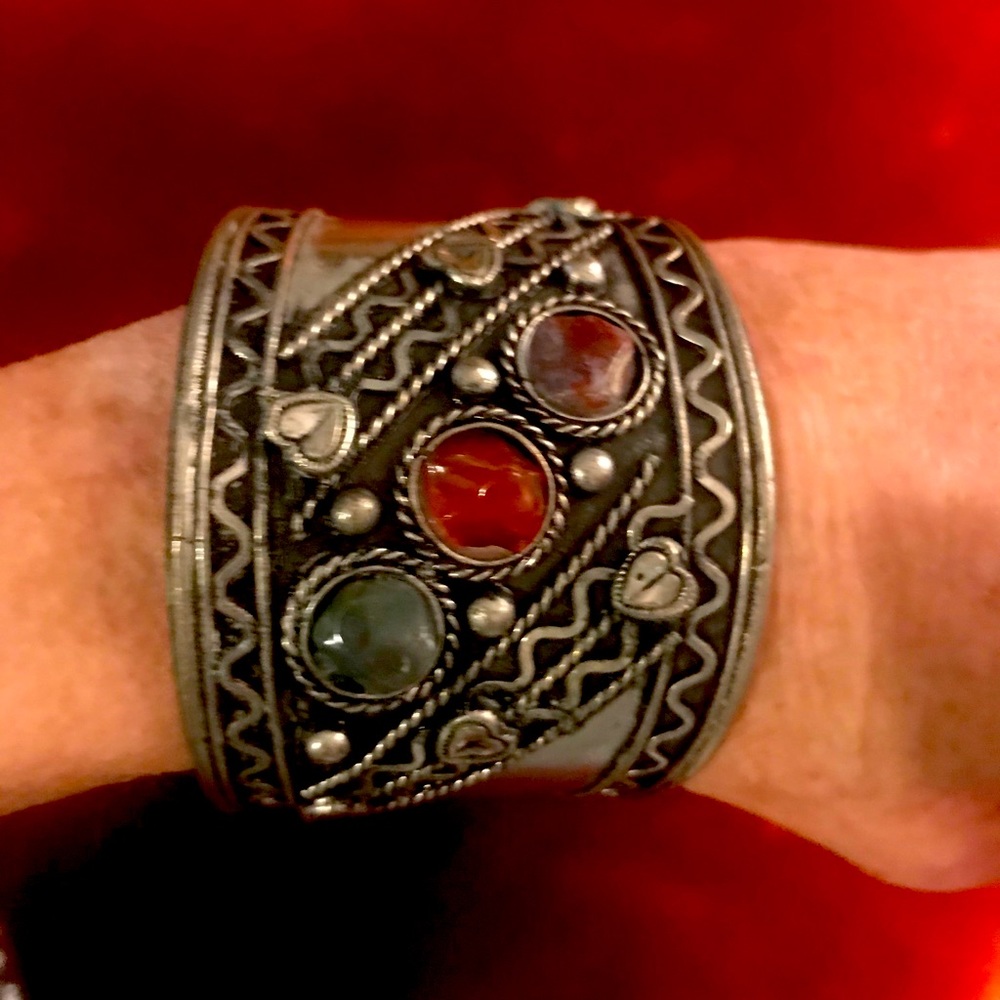 Silver cuff bracelet with various stones